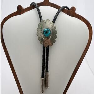Vintage Navajo Sterling Silver Turquoise Concho Bolo Tie Hand Stamped